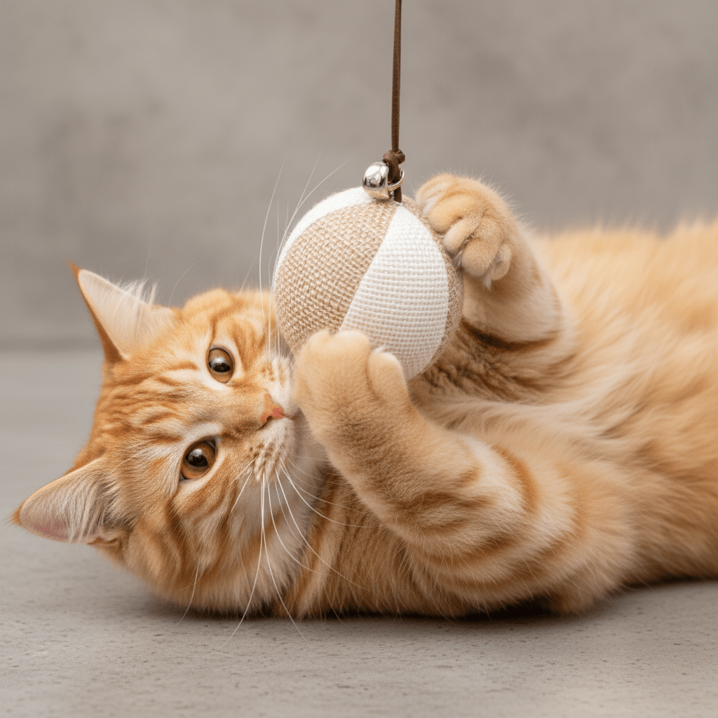 Cat feather wand toy with jute ball and dangling feather on wooden stick