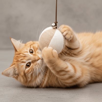 Cat feather wand toy with jute ball and dangling feather on wooden stick