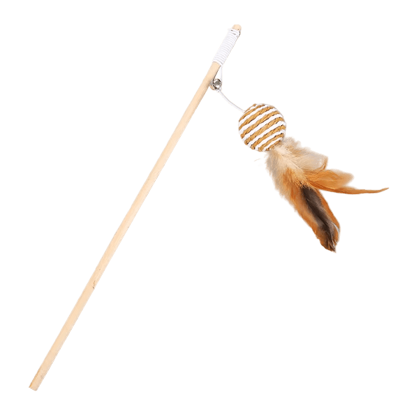Cat feather wand toy with rope-striped spiral ball and hanging orange feather