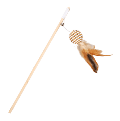 Cat feather wand toy with rope-striped spiral ball and hanging orange feather
