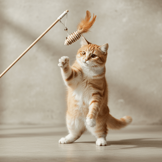 Cat reaching for feather wand toy with rope-striped spiral and orange feather