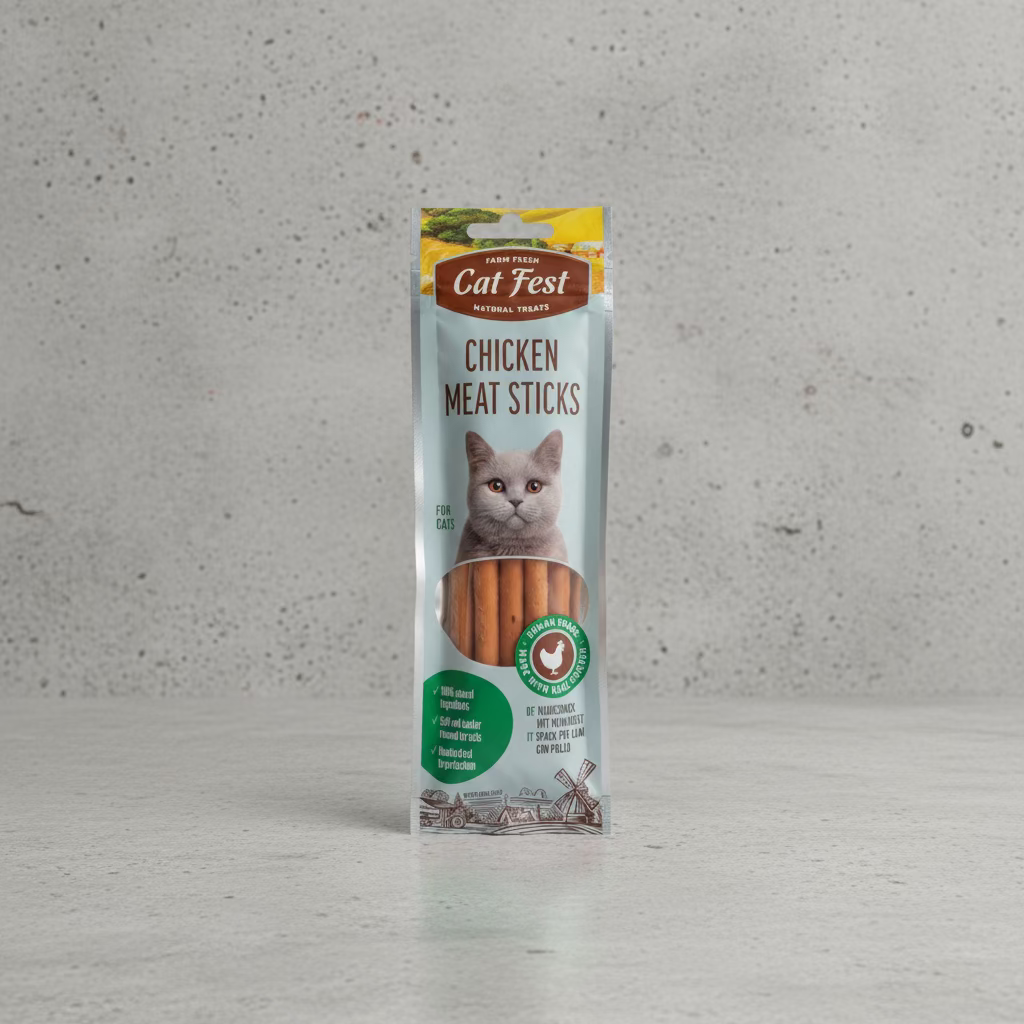 Cat meat sticks pouch, chicken flavor, with cat photo and meat stick window