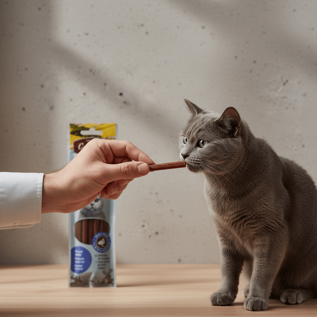 Cat licking a meat stick offered by hand, with chicken treat pouch nearby