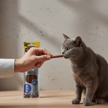 Cat licking a meat stick offered by hand, with chicken treat pouch nearby