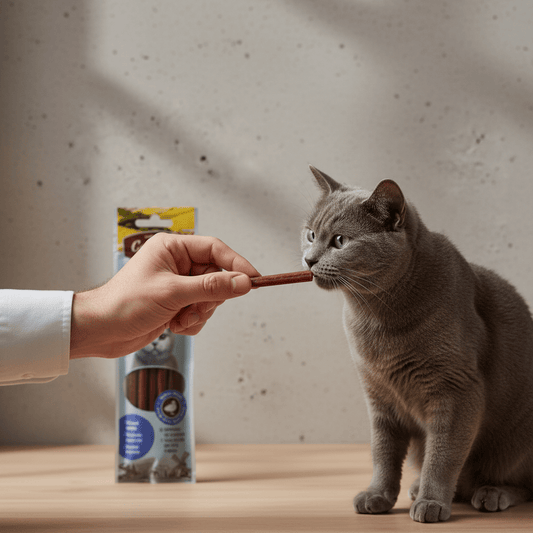 Cat licking a meat stick offered by hand, with chicken treat pouch nearby