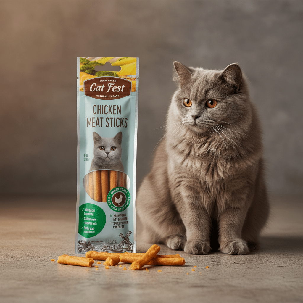 Gray cat sitting beside chicken meat sticks pouch with scattered treat pieces