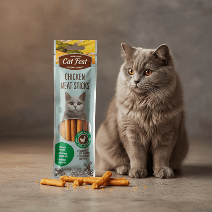 Gray cat sitting beside chicken meat sticks pouch with scattered treat pieces