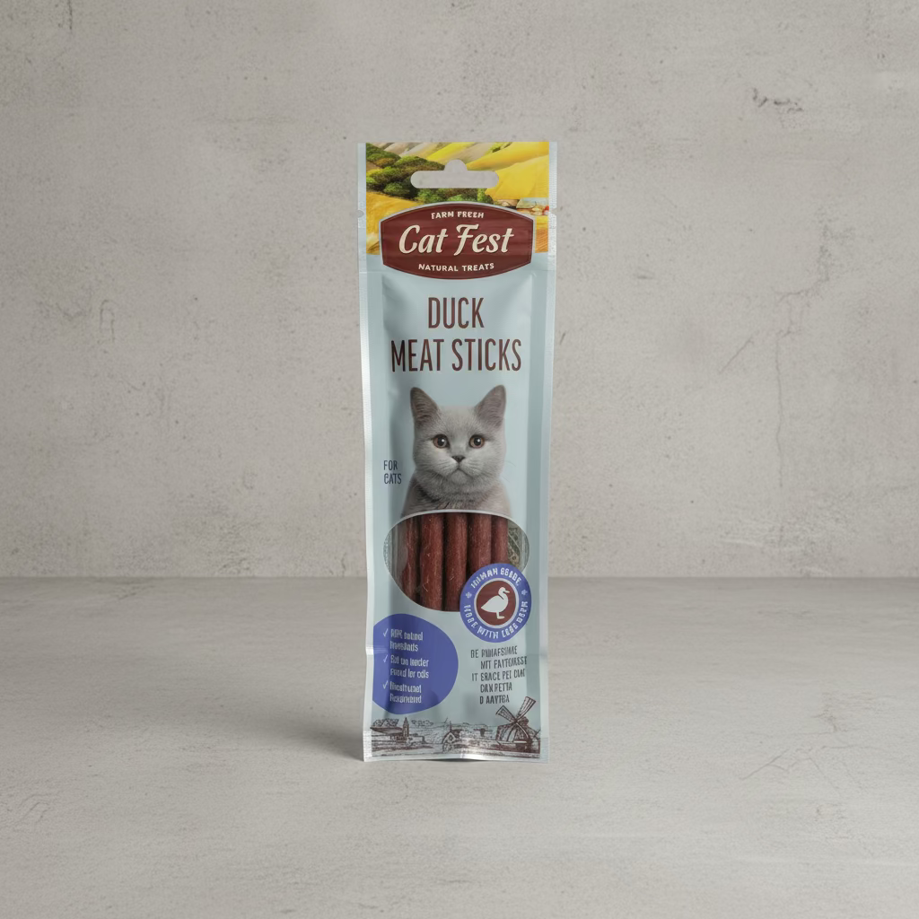 Cat meat sticks pouch, duck flavor, with cat photo and stick window