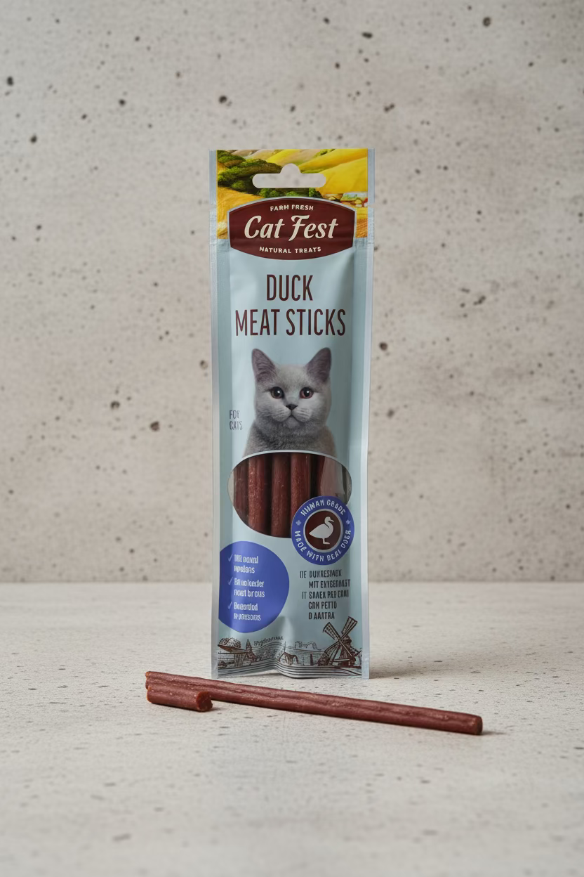 Duck meat sticks pouch with one brown stick laid on the surface in front