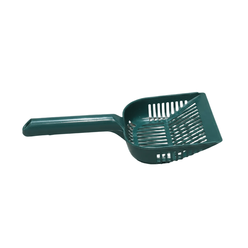 Green cat litter scoop close-up, perforated tray with long handle