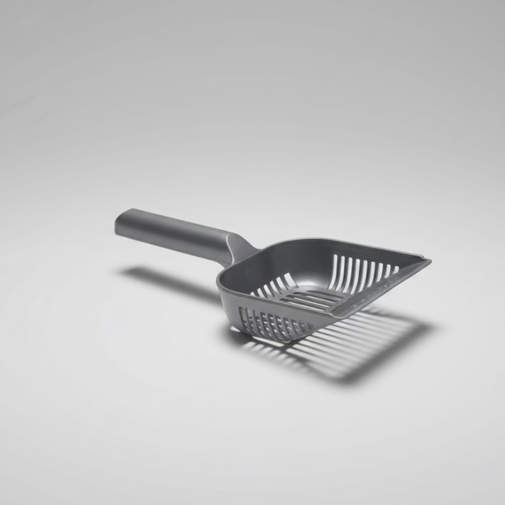 Gray cat litter scoop with angled perforated tray and long handle