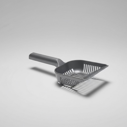 Gray cat litter scoop with angled perforated tray and long handle