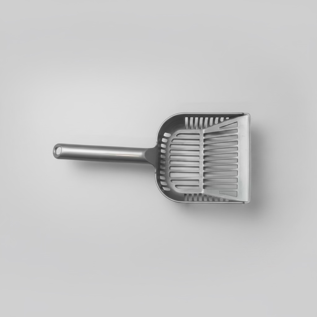 Gray cat litter scoop with perforated strainer tray and long handle