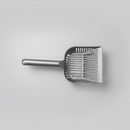 Gray cat litter scoop with perforated strainer tray and long handle