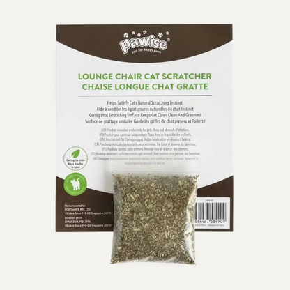 Pawise cat scratcher package showing catnip pouch and product details on front