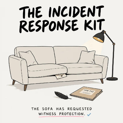 The Incident Response Kit: a sofa requests witness protection in an illustrated note from Management.