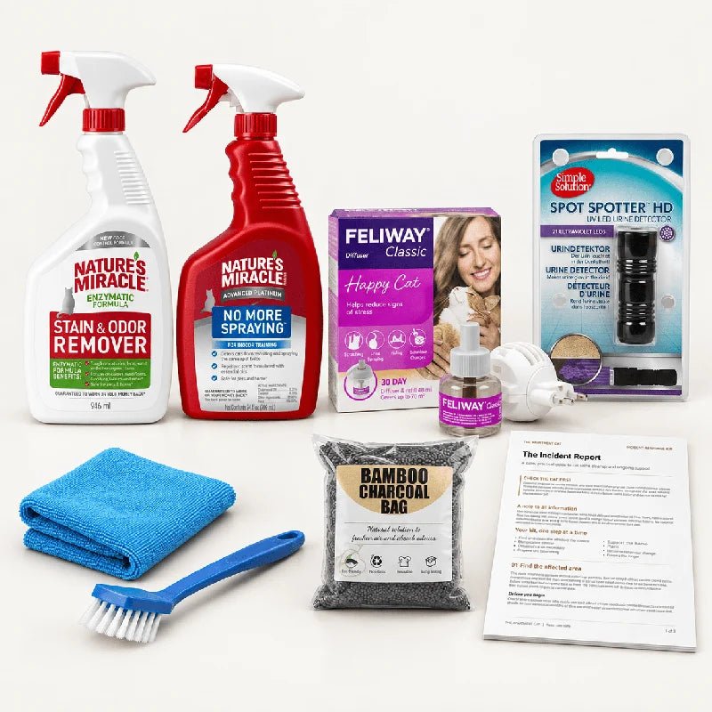 The Incident Response Kit products grouped on a clean ivory background with soft shadows. Blue nitrile gloves are included but not pictured.