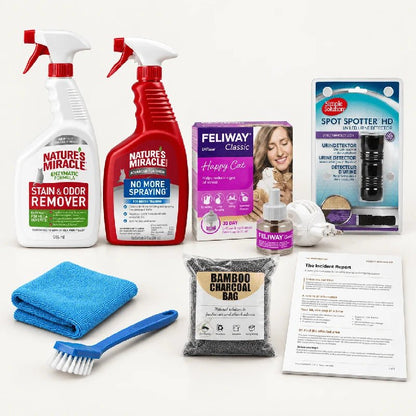 The Incident Response Kit products grouped on a clean ivory background with soft shadows. Blue nitrile gloves are included but not pictured.