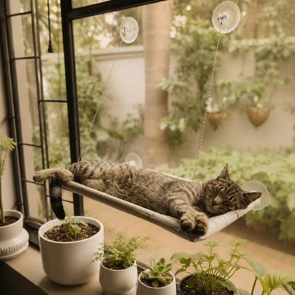 Cat napping on soft-grey cat window perch hammock with suction cups, side perspective