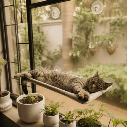 Cat napping on soft-grey cat window perch hammock with suction cups, side perspective