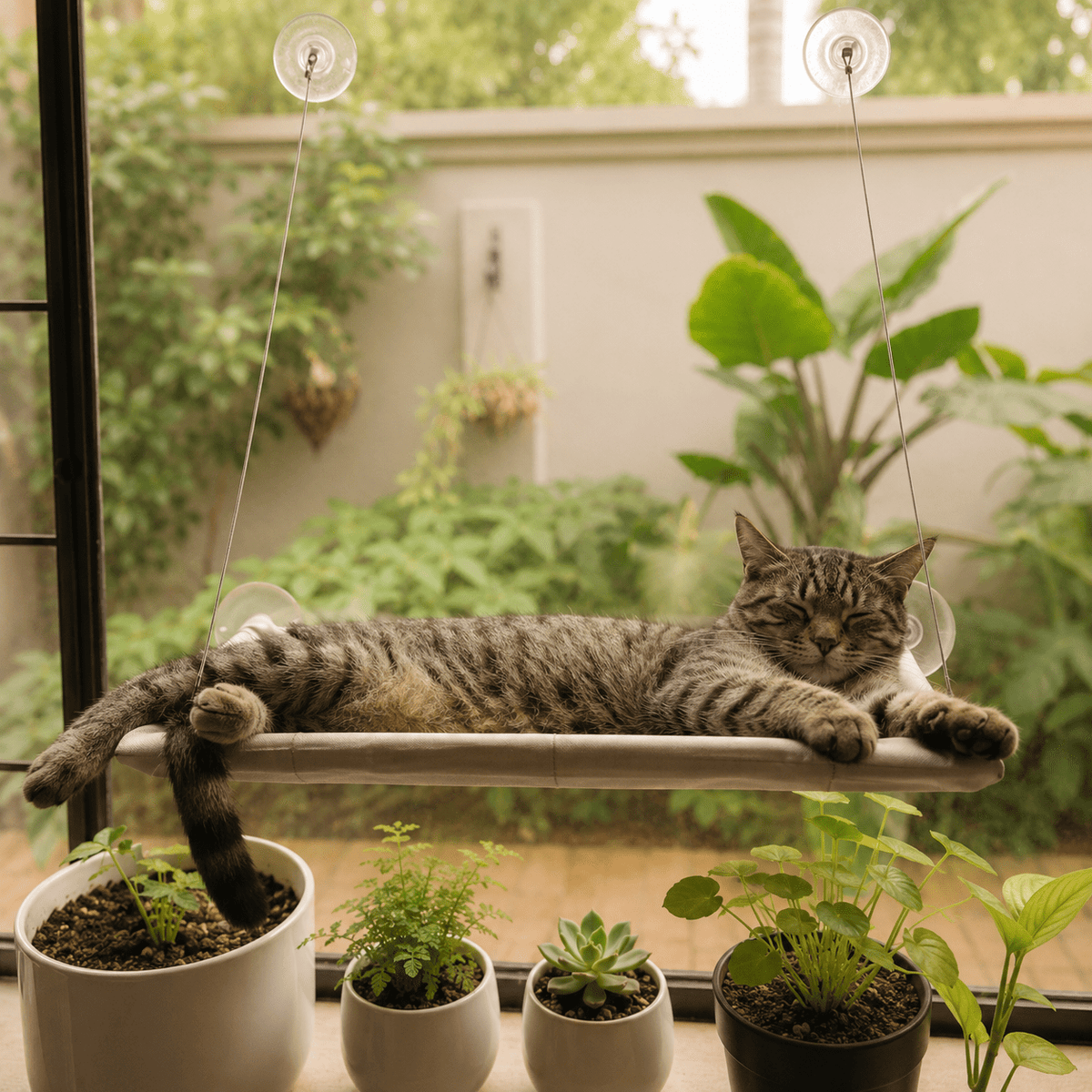 Cat stretched out on soft-grey window perch hammock with clear suction cups, outdoors view