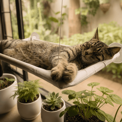 Cat relaxing on soft-grey window perch hammock with clear suction cups, wide view