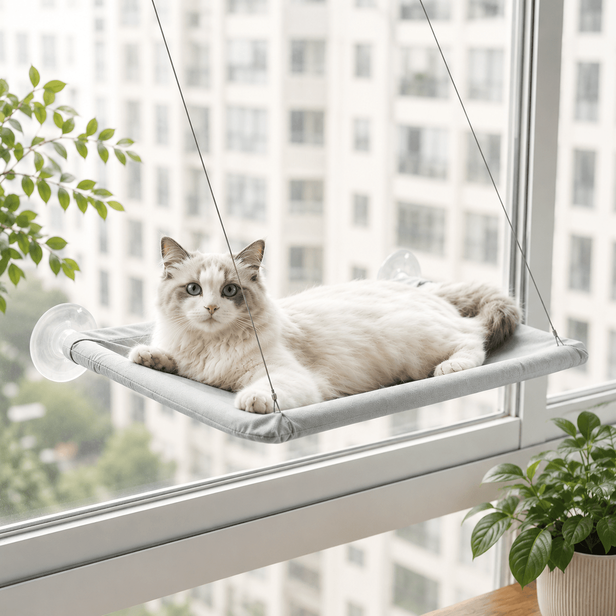 Cat window perch with suction cups, light gray fabric hammock with cat resting by window