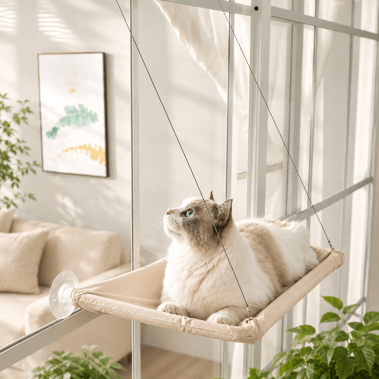 Cat window perch with suction cups, beige hammock attached to window with four caps