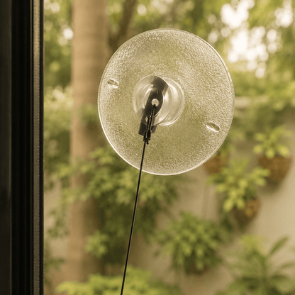 Clear suction cups for a cat window perch, shown against outdoor greenery