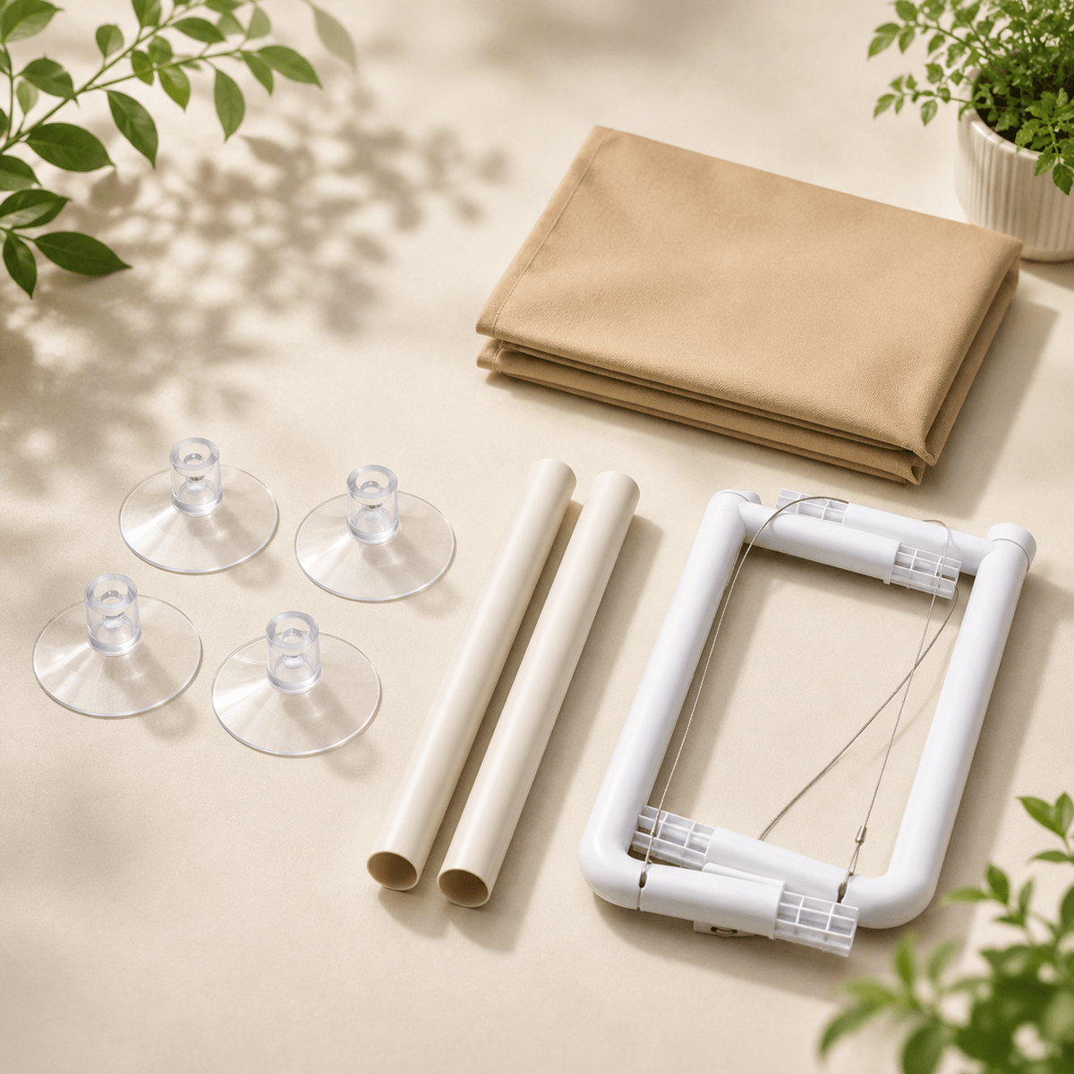 Cat window perch with suction cups: white frame, khaki fabric hammock, four clear caps