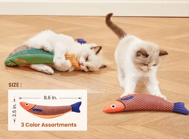Cats playing with three plush catnip fish chew toys in orange, teal, and red