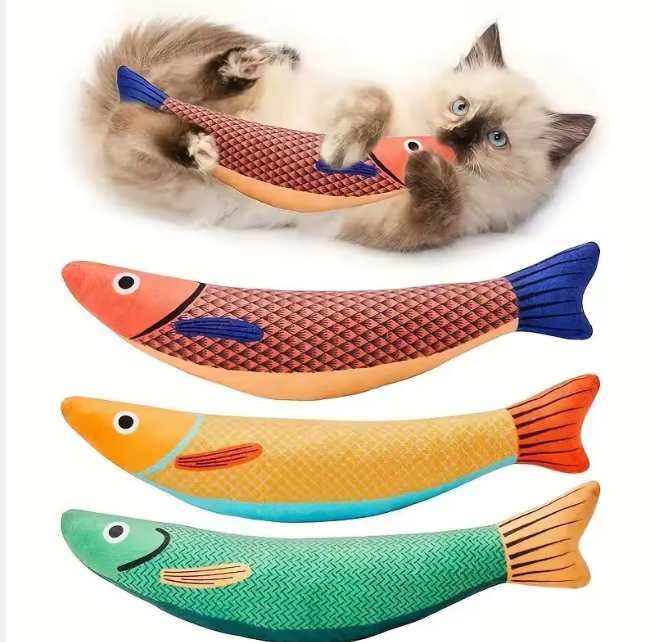 Set of three catnip fish chew toys in orange, teal, and red plush