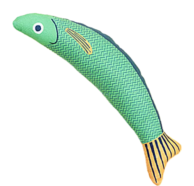 Catnip fish chew toy in green with blue fins and embroidered face detail
