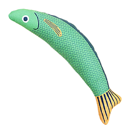 Catnip fish chew toy in green with blue fins and embroidered face detail