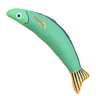 Catnip fish chew toy in green with blue fins and embroidered face detail
