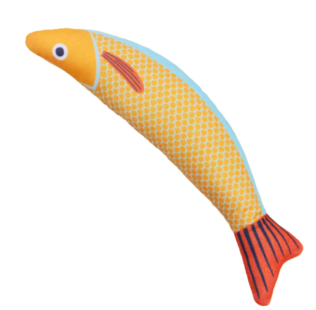 Catnip fish chew toy in orange with textured scales and red tail fin