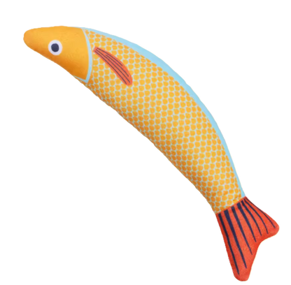 Catnip fish chew toy in orange with textured scales and red tail fin