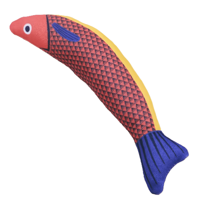 Catnip fish chew toy in red with purple scale pattern and blue tail fin