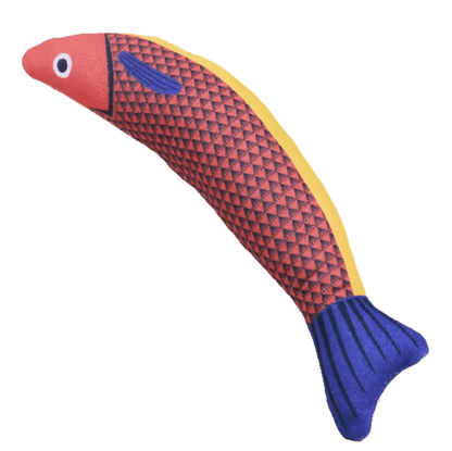 Catnip fish chew toy in red with purple scale pattern and blue tail fin