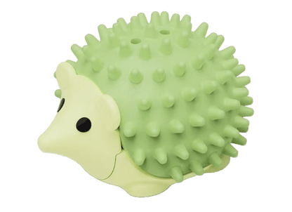 Lime green spiky hedgehog catnip wall toy with white face and small opening