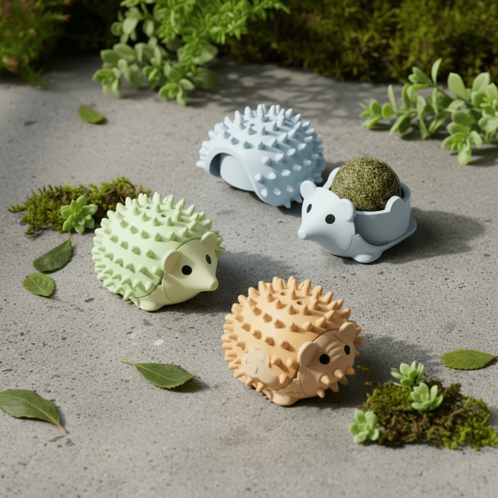 Wall-mounted catnip hedgehog toy set of three in blue, green, and brown