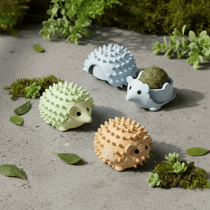 Wall-mounted catnip hedgehog toy set of three in blue, green, and brown