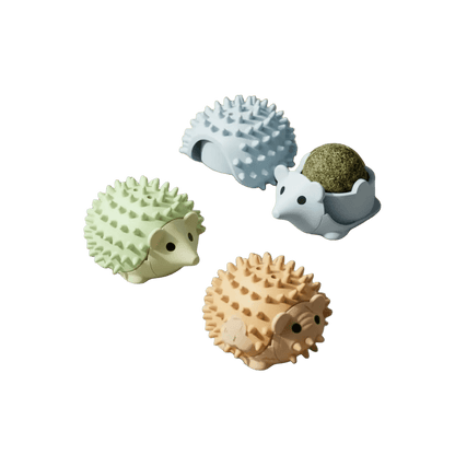 Set of three wall-mounted catnip hedgehog toys: blue, green, and brown spiky hedgehogs