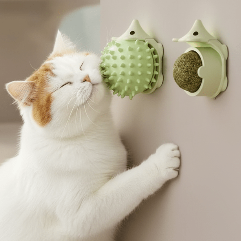 Wall-mounted catnip hedgehog toy, green spiky hedgehog with cat nearby