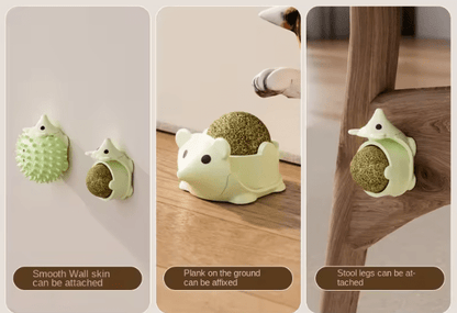 Wall-mounted catnip hedgehog toy in green shown on wall and on floor