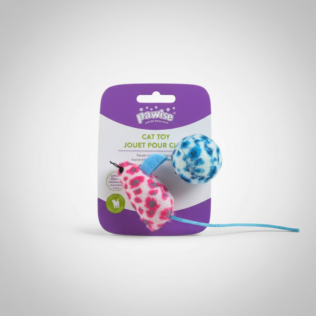 Plush mouse and blue ball cat toy set with blue string, retail package