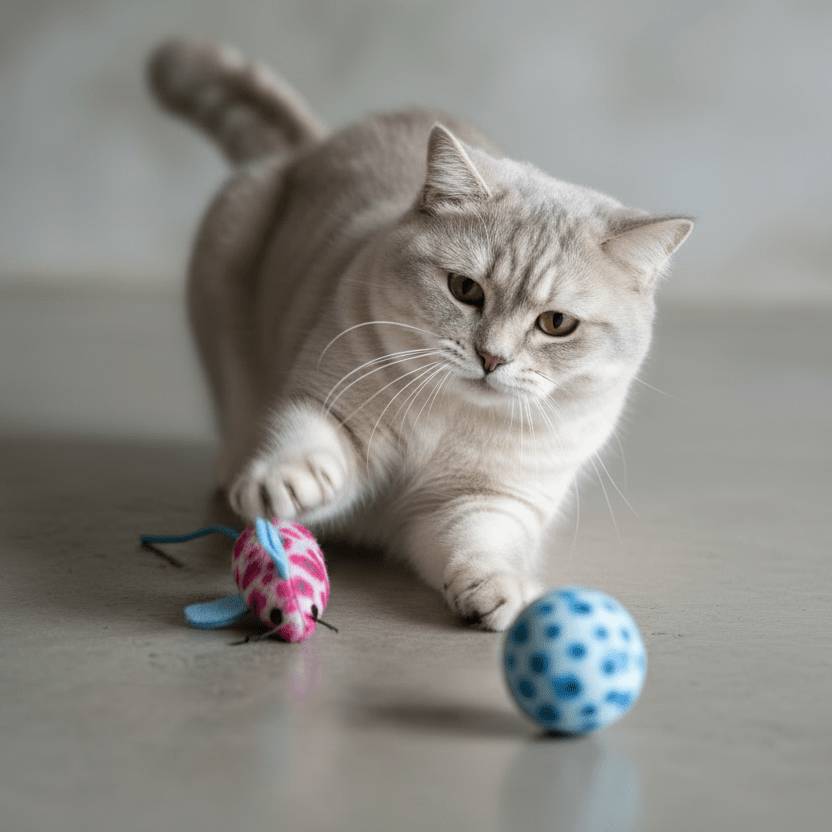 Cat playing with a pink plush mouse and blue-and-white ball on blue string