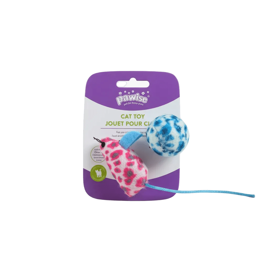 Plush mouse and blue-and-white ball cat toy set with blue string, pack