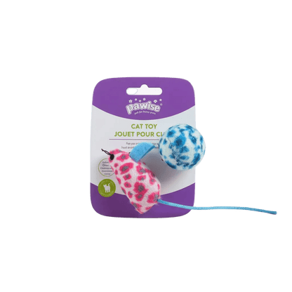 Plush mouse and blue-and-white ball cat toy set with blue string, pack
