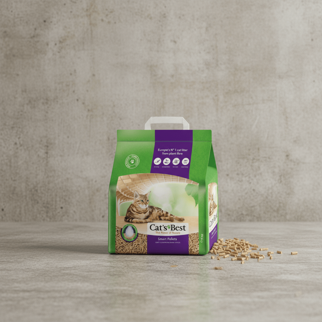 Cat’s Best Smart Pellets cat litter bag with pellets shown on floor